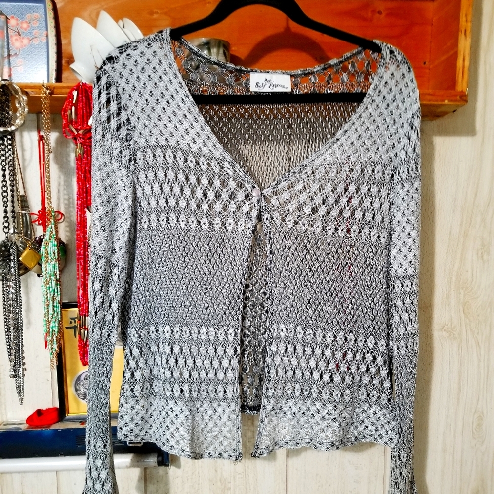 Silver Belled Sleeve Crocheted Wrap SZ XL